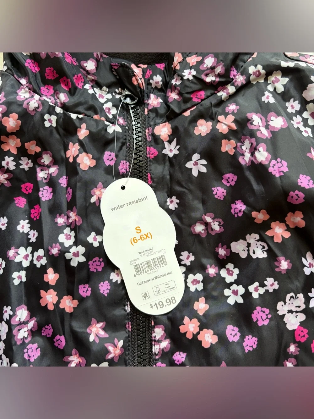 Girls Black Floral Windbreaker - NWT Full Zip Jacket With Hood & Pockets, Size 6